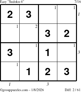 The grouppuzzles.com Easy Sudoku-4 puzzle for Thursday January 8, 2026, suitable for printing, with all 2 steps marked