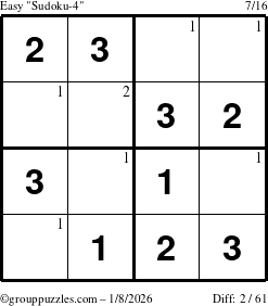 The grouppuzzles.com Easy Sudoku-4 puzzle for Thursday January 8, 2026 with the first 2 steps marked