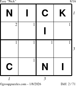 The grouppuzzles.com Easy Nick puzzle for Thursday January 8, 2026 with all 2 steps marked