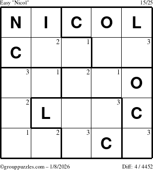 The grouppuzzles.com Easy Nicol puzzle for Thursday January 8, 2026 with the first 3 steps marked