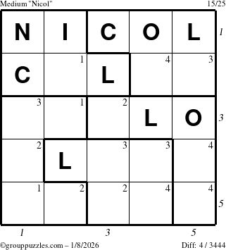 The grouppuzzles.com Medium Nicol puzzle for Thursday January 8, 2026, suitable for printing, with all 4 steps marked