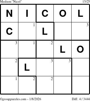 The grouppuzzles.com Medium Nicol puzzle for Thursday January 8, 2026 with the first 3 steps marked
