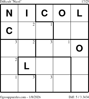 The grouppuzzles.com Difficult Nicol puzzle for Thursday January 8, 2026 with the first 3 steps marked
