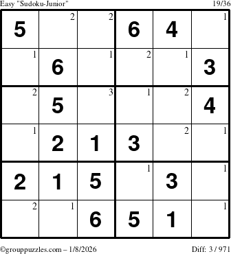 The grouppuzzles.com Easy Sudoku-Junior puzzle for Thursday January 8, 2026 with the first 3 steps marked