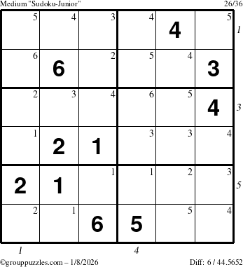 The grouppuzzles.com Medium Sudoku-Junior puzzle for Thursday January 8, 2026, suitable for printing, with all 6 steps marked