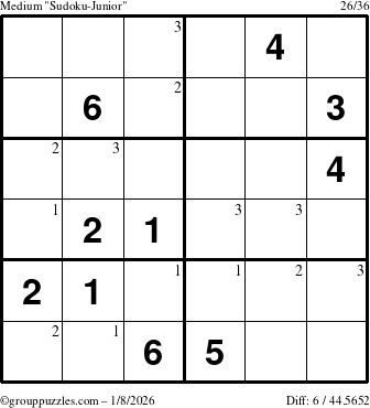 The grouppuzzles.com Medium Sudoku-Junior puzzle for Thursday January 8, 2026 with the first 3 steps marked