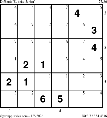 The grouppuzzles.com Difficult Sudoku-Junior puzzle for Thursday January 8, 2026, suitable for printing, with all 7 steps marked
