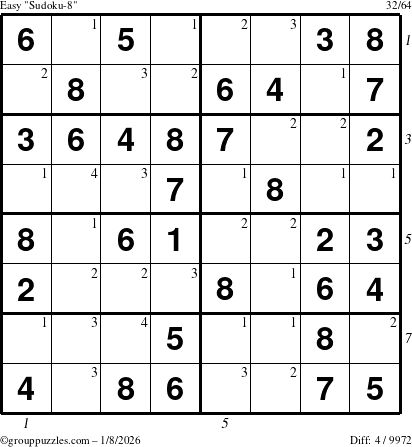 The grouppuzzles.com Easy Sudoku-8 puzzle for Thursday January 8, 2026 with all 4 steps marked