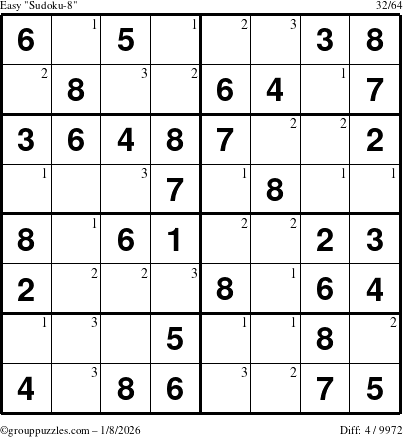 The grouppuzzles.com Easy Sudoku-8 puzzle for Thursday January 8, 2026 with the first 3 steps marked