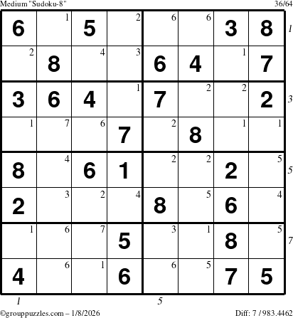 The grouppuzzles.com Medium Sudoku-8 puzzle for Thursday January 8, 2026, suitable for printing, with all 7 steps marked