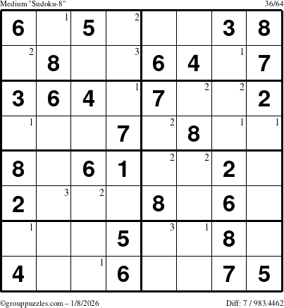 The grouppuzzles.com Medium Sudoku-8 puzzle for Thursday January 8, 2026 with the first 3 steps marked