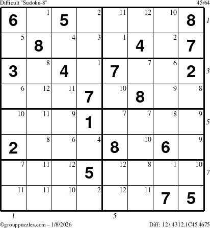 The grouppuzzles.com Difficult Sudoku-8 puzzle for Thursday January 8, 2026 with all 12 steps marked