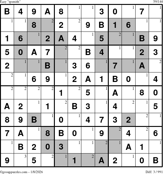 The grouppuzzles.com Easy tpsmith puzzle for Thursday January 8, 2026 with the first 3 steps marked