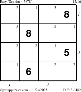 The grouppuzzles.com Easy Sudoku-4-5678 puzzle for Monday November 24, 2025, suitable for printing, with all 3 steps marked