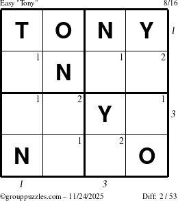 The grouppuzzles.com Easy Tony puzzle for Monday November 24, 2025 with all 2 steps marked