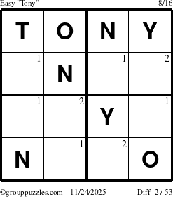 The grouppuzzles.com Easy Tony puzzle for Monday November 24, 2025 with the first 2 steps marked