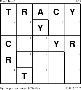 The grouppuzzles.com Easy Tracy puzzle for Monday November 24, 2025 with the first 3 steps marked