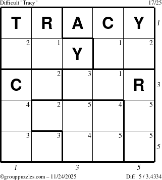 The grouppuzzles.com Difficult Tracy puzzle for Monday November 24, 2025 with all 5 steps marked