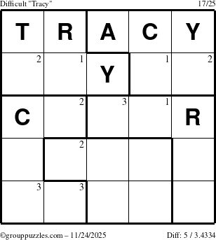 The grouppuzzles.com Difficult Tracy puzzle for Monday November 24, 2025 with the first 3 steps marked