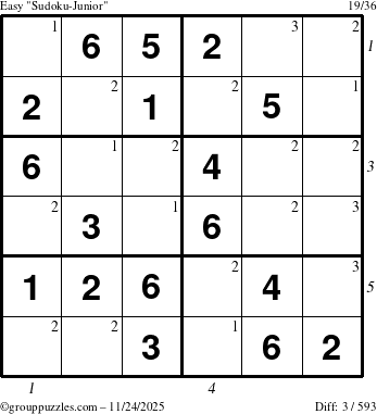 The grouppuzzles.com Easy Sudoku-Junior puzzle for Monday November 24, 2025 with all 3 steps marked