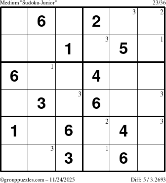 The grouppuzzles.com Medium Sudoku-Junior puzzle for Monday November 24, 2025 with the first 3 steps marked