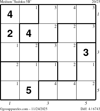 The grouppuzzles.com Medium Sudoku-5B puzzle for Monday November 24, 2025, suitable for printing, with all 4 steps marked