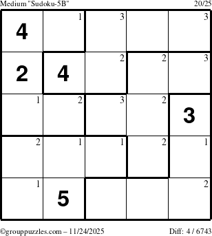 The grouppuzzles.com Medium Sudoku-5B puzzle for Monday November 24, 2025 with the first 3 steps marked