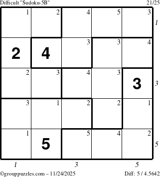 The grouppuzzles.com Difficult Sudoku-5B puzzle for Monday November 24, 2025 with all 5 steps marked