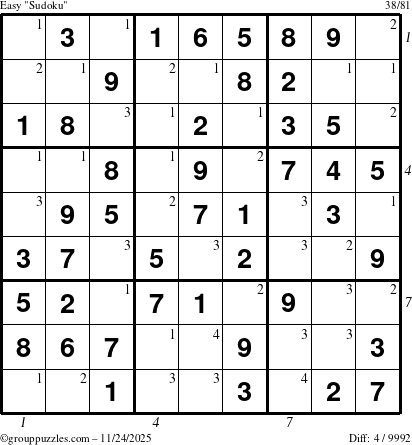 The grouppuzzles.com Easy Sudoku puzzle for Monday November 24, 2025 with all 4 steps marked