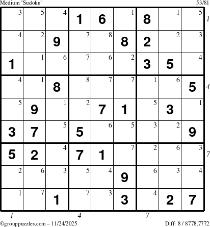 The grouppuzzles.com Medium Sudoku puzzle for Monday November 24, 2025, suitable for printing, with all 8 steps marked