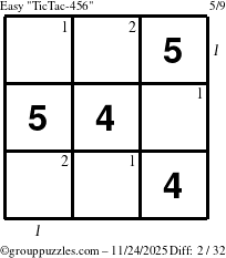 The grouppuzzles.com Easy TicTac-456 puzzle for Monday November 24, 2025, suitable for printing, with all 2 steps marked