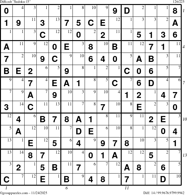 The grouppuzzles.com Difficult Sudoku-15 puzzle for Monday November 24, 2025, suitable for printing, with all 14 steps marked