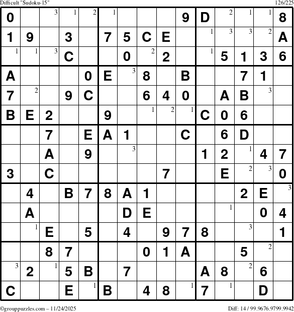 The grouppuzzles.com Difficult Sudoku-15 puzzle for Monday November 24, 2025 with the first 3 steps marked
