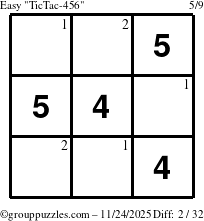 The grouppuzzles.com Easy TicTac-456 puzzle for Monday November 24, 2025 with the first 2 steps marked