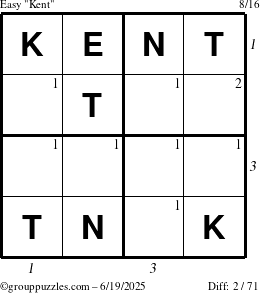 The grouppuzzles.com Easy Kent puzzle for Thursday June 19, 2025 with all 2 steps marked