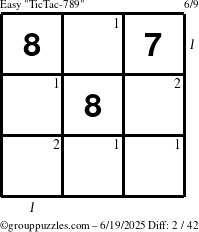 The grouppuzzles.com Easy TicTac-789 puzzle for Thursday June 19, 2025 with all 2 steps marked