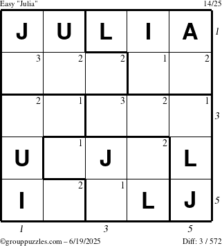 The grouppuzzles.com Easy Julia puzzle for Thursday June 19, 2025, suitable for printing, with all 3 steps marked