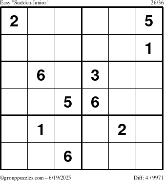 The grouppuzzles.com Easy Sudoku-Junior puzzle for Thursday June 19, 2025