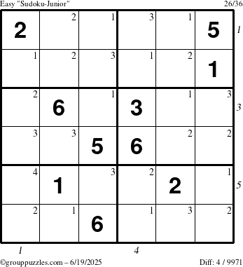 The grouppuzzles.com Easy Sudoku-Junior puzzle for Thursday June 19, 2025 with all 4 steps marked