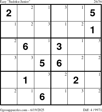 The grouppuzzles.com Easy Sudoku-Junior puzzle for Thursday June 19, 2025 with the first 3 steps marked