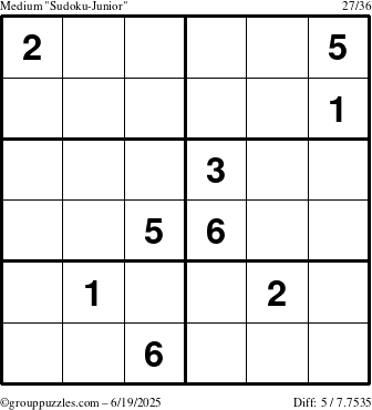 The grouppuzzles.com Medium Sudoku-Junior puzzle for Thursday June 19, 2025