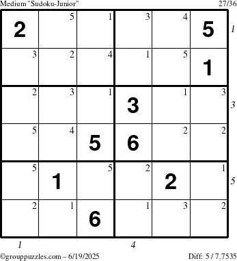 The grouppuzzles.com Medium Sudoku-Junior puzzle for Thursday June 19, 2025 with all 5 steps marked