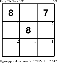 The grouppuzzles.com Easy TicTac-789 puzzle for Thursday June 19, 2025 with the first 2 steps marked