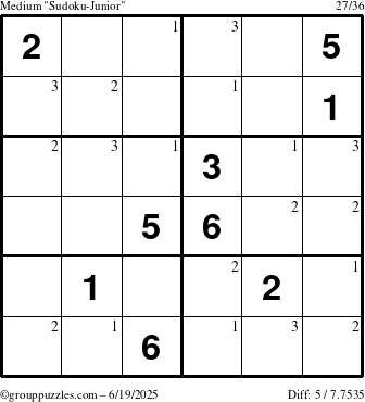 The grouppuzzles.com Medium Sudoku-Junior puzzle for Thursday June 19, 2025 with the first 3 steps marked