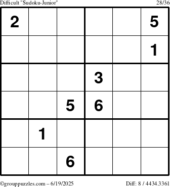 The grouppuzzles.com Difficult Sudoku-Junior puzzle for Thursday June 19, 2025