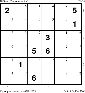 The grouppuzzles.com Difficult Sudoku-Junior puzzle for Thursday June 19, 2025, suitable for printing, with all 8 steps marked