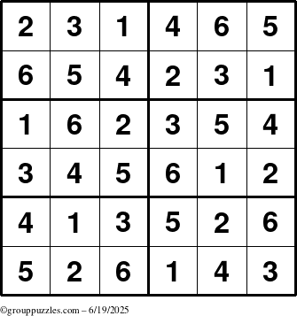 The grouppuzzles.com Answer grid for the Sudoku-Junior puzzle for Thursday June 19, 2025