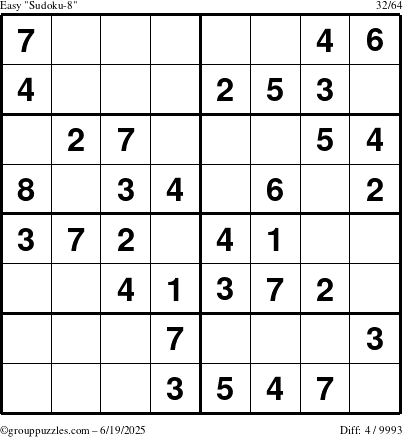 The grouppuzzles.com Easy Sudoku-8 puzzle for Thursday June 19, 2025