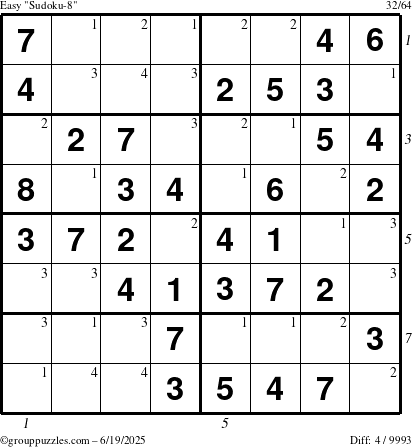 The grouppuzzles.com Easy Sudoku-8 puzzle for Thursday June 19, 2025 with all 4 steps marked