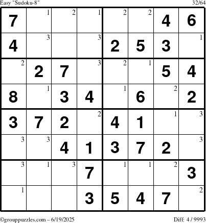 The grouppuzzles.com Easy Sudoku-8 puzzle for Thursday June 19, 2025 with the first 3 steps marked